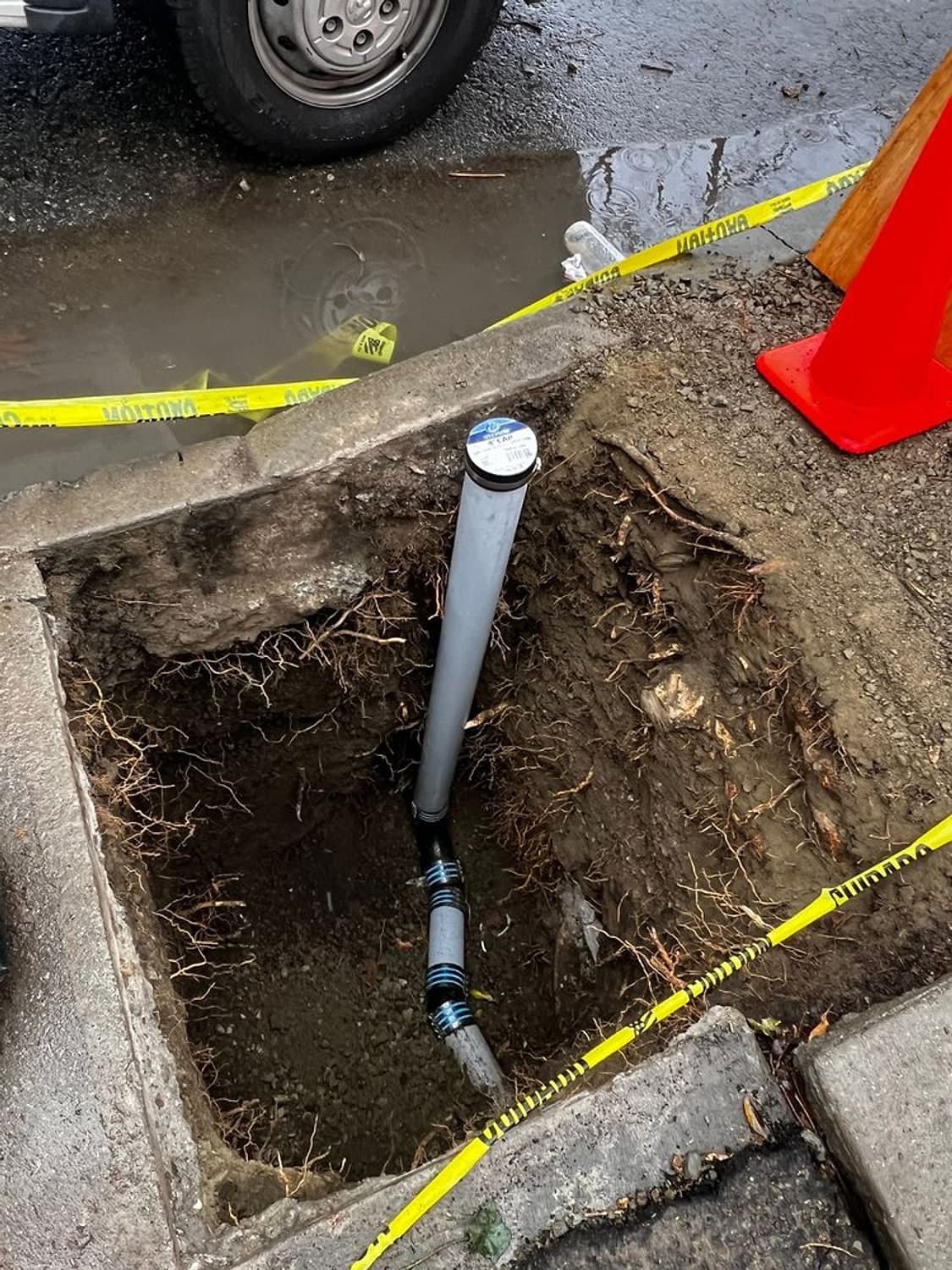 New white sewer pipe rising out of a taped-off hole by the curb, with a traffic cone beside it